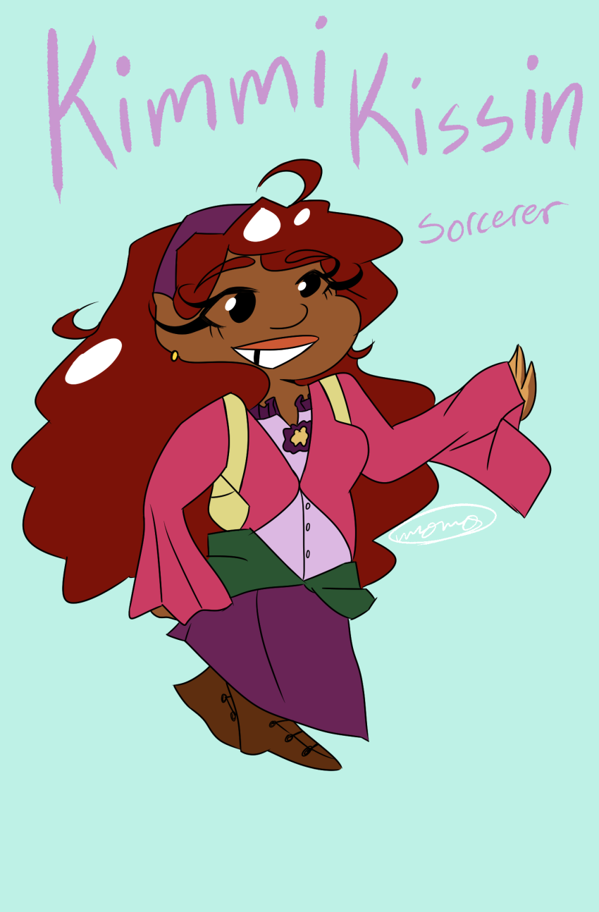 A gnome sorcerer. She has warm brown skin and long red hair with a purple headband. She wears a light purple corset with a green and purple skirt. A pink cardigan is worn over it. She has a pale yellow bag. The words "Kimmi Kissin" and "Sorcerer" are written in the background.